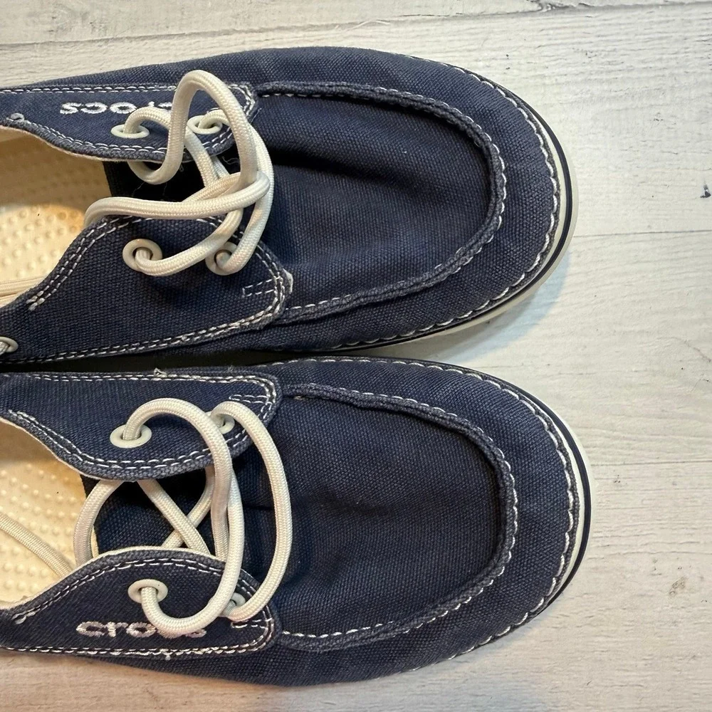 Crocs Hover Boat Shoe Nautical Navy Blue Canvas Lace Up Loafers Slip On Womens 9